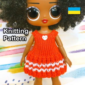 May include: Knitting pattern for a red and white dress with a heart-shaped button. The dress is designed for a doll with large eyes and black curly hair.