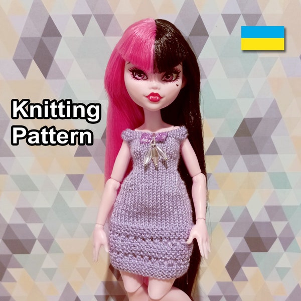 PDF Pattern - Doll Knitted Lavender Festive Dress. Instructions doll's clothing for monster G3 Laura. Knitting high fashion gown tutorial.