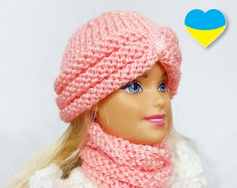 Ropa para muñecas: gorro y bufanda. Conjunto de accesorios 1/6 para ropa de invierno para muñecas: gorro y redecilla de punto a la moda para cabeza de 4 pulgadas. Tejido en miniatura.