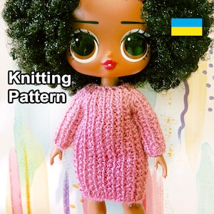 PDF Pattern Rib Knit Dress for tween dolls. Knitting tutorial mini collectibles doll dress. Instructions craft how make fashion doll clothes