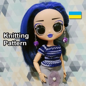 May include: Knitting pattern for a blue and white striped shirt with short sleeves. The shirt is being worn by a doll with blue hair and large eyes. The doll is wearing earrings with purple and silver beads. The text "Knitting Pattern" is visible in the image.