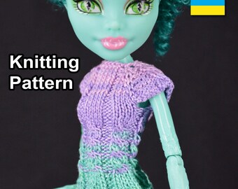 May include: Knitting pattern for a purple and green striped doll sweater. The sweater has a cable knit design and is shown on a doll with green skin and green hair.