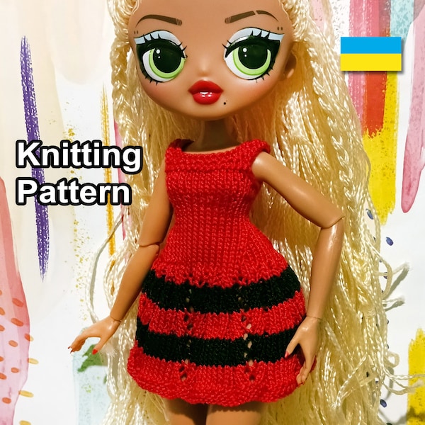 PDF Pattern knitted Red Black Cocktail Dress for doll. Knitting tutorial - lol size. Craft dolls clothes. How make toy dress. Knit for doll