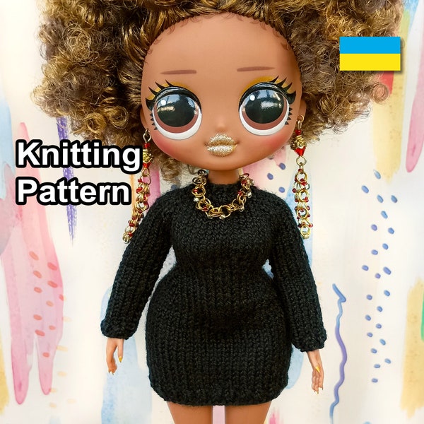 PDF Pattern knitted Black Bodycon Dress for doll. Knitting tutorial - lol size. Craft dolls clothes. How make toy dress. Knit gown for doll