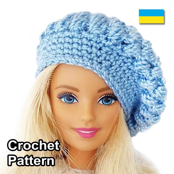 PDF Pattern crochet Puff stitch Beret for fashion dolls. Instructions craft dolls clothes. Tutorial doll hat. How make doll's winter beanie.