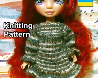 PDF Pattern knitted warm romantic dress for rainbow doll. Instruction craft doll clothes. Knitting tutorial winter dress for dolls. How make