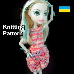 May include: Knitting pattern for a pink, blue and white striped dress with a textured skirt. The dress is designed for a doll.