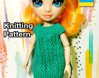 Patrón PDF de túnica de encaje tejida para muñecas arcoíris. Instrucciones para confeccionar ropa para muñecas: vestido de verano. Tutorial de tejido: cómo confeccionar un conjunto de moda para muñecas.