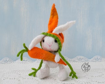 Knitted flat pattern Easter Bunny and carrot. Bunny for Easter Amigurumi bunny Knit bunny toy Easter decoration Rabbit White