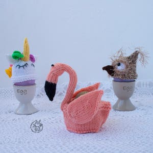 Easter egg cozy Flamingo Owl Unicorn Easter knitting pattern knitted round Instant download Amigurumi hats for eggs Easter decoration image 2