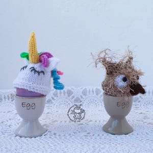 Easter egg cozy Flamingo Owl Unicorn Easter knitting pattern knitted round Instant download Amigurumi hats for eggs Easter decoration image 7
