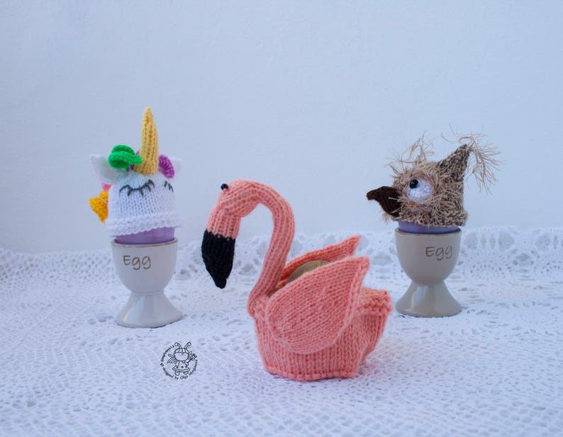 Easter egg cozy Flamingo Owl Unicorn Easter knitting pattern knitted round Instant download Amigurumi hats for eggs Easter decoration image 2