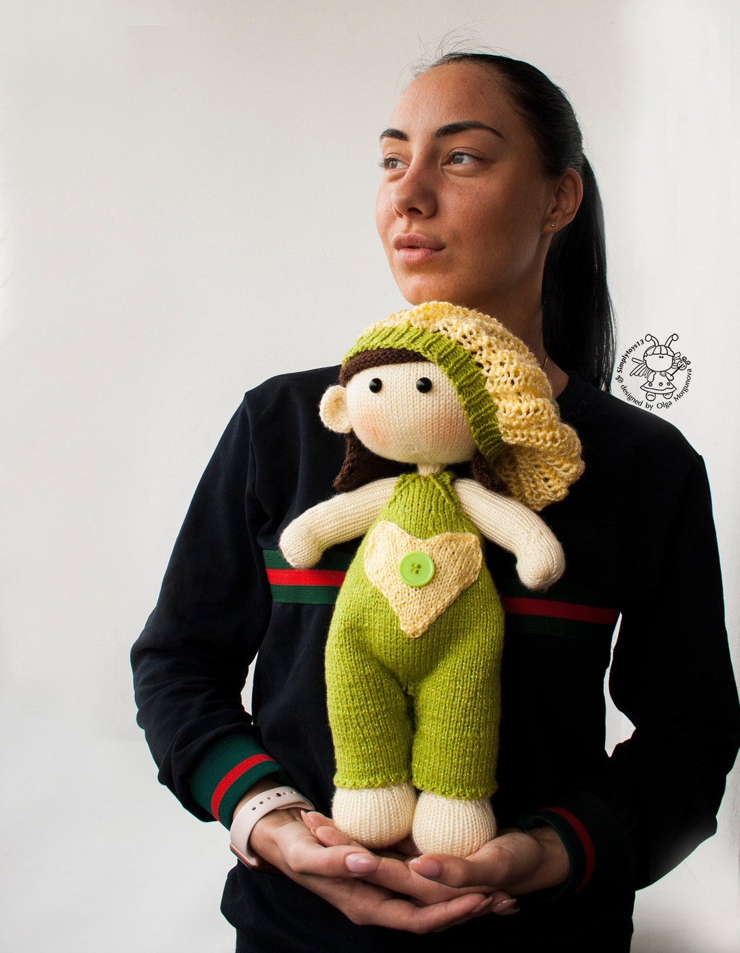 Knitted Flat Baby Doll in Green Overalls PDF Instant Download Etsy