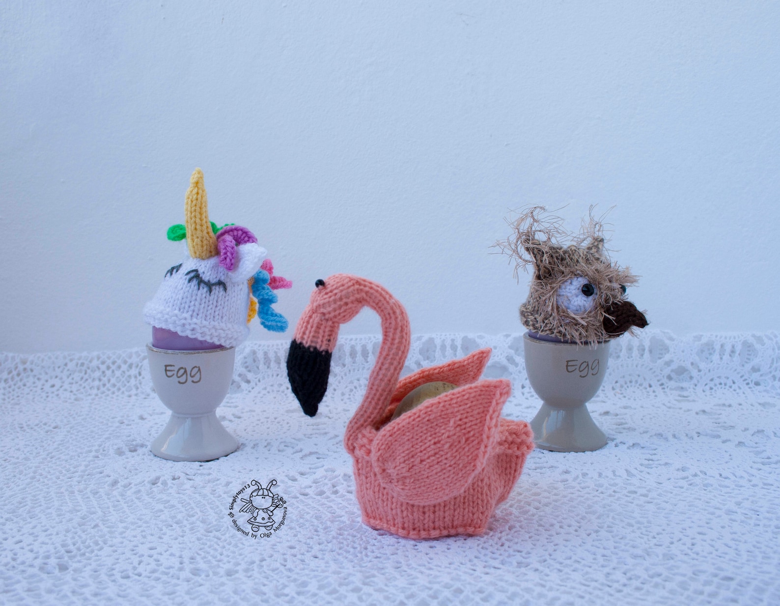 Easter egg cozy Flamingo Owl Unicorn Easter knitting pattern knitted round Instant download Amigurumi hats for eggs Easter decoration