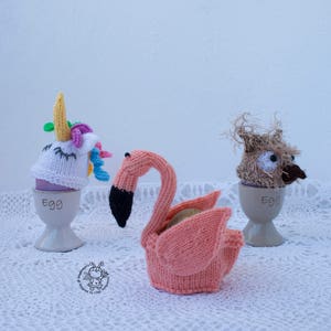 Easter egg cozy Flamingo Owl Unicorn Easter knitting pattern knitted round Instant download Amigurumi hats for eggs Easter decoration image 1