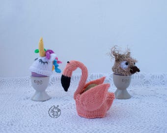 Easter egg cozy  Flamingo Owl Unicorn Easter knitting pattern knitted round Instant download Amigurumi hats for eggs Easter decoration