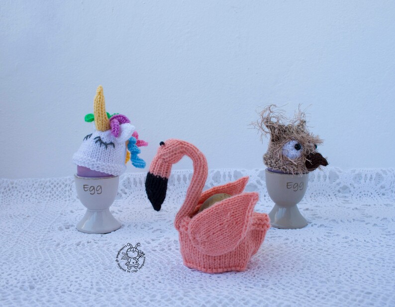 Easter egg cozy Flamingo Owl Unicorn Easter knitting pattern knitted round Instant download Amigurumi hats for eggs Easter decoration image 1