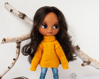 Yellow sweater for 12”/32 cm doll and other similar sized dolls. PDF Doll Clothes knitting flat pattern. Doll clothes