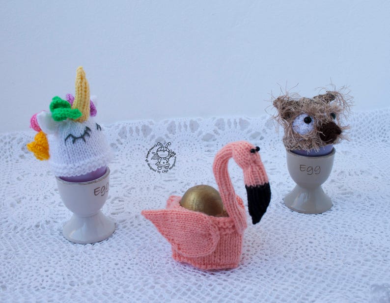 Easter egg cozy Flamingo Owl Unicorn Easter knitting pattern knitted round Instant download Amigurumi hats for eggs Easter decoration image 3
