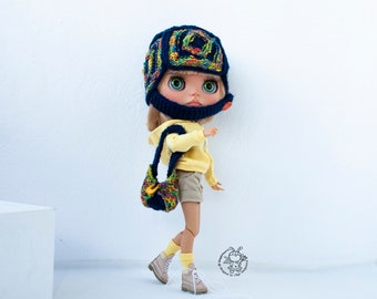 Hat and bag made of squares for Blythe and other similar sized dolls. PDF Doll Clothes knitting pattern. Pattern knitting in the round