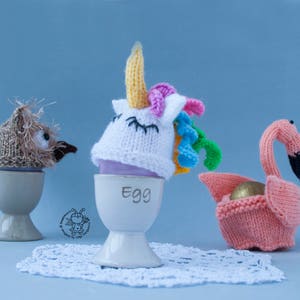 Easter egg cozy Flamingo Owl Unicorn Easter knitting pattern knitted round Instant download Amigurumi hats for eggs Easter decoration image 4