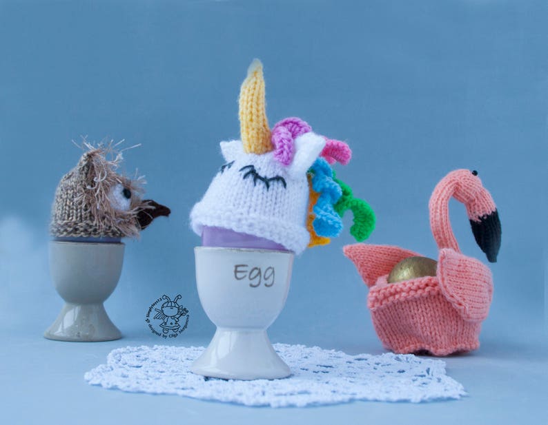 Easter egg cozy Flamingo Owl Unicorn Easter knitting pattern knitted round Instant download Amigurumi hats for eggs Easter decoration image 4
