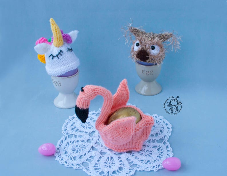 Easter egg cozy Flamingo Owl Unicorn Easter knitting pattern knitted round Instant download Amigurumi hats for eggs Easter decoration image 5
