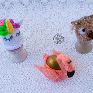 Easter egg cozy Flamingo Owl Unicorn Easter knitting pattern knitted round Instant download Amigurumi hats for eggs Easter decoration image 6