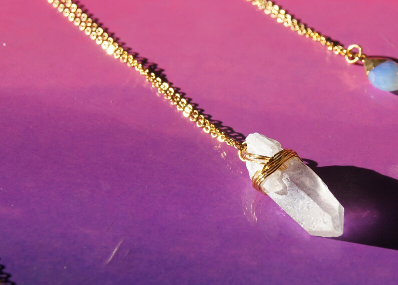 24K Gold Plated Brass Hand Wrapped Angel Aura Quartz Point 18 Layering Necklace
