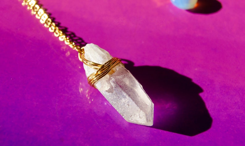 24K Gold Plated Brass Hand Wrapped Angel Aura Quartz Point 18 Layering Necklace