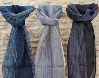 Bufandas de lino a rayas para hombre / Bufanda fina azul, gris claro y gris antracita / Tejida a mano y de comercio justo / Regalo para hombre / Regalo sostenible