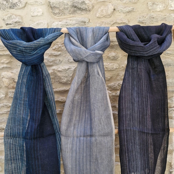 Handwoven Striped Linen Scarf | Fair Trade Men's Gift | Striped blue, Grey, Anthracite Grey Skinny Scarf | Eco Friendly Letterbox Gift