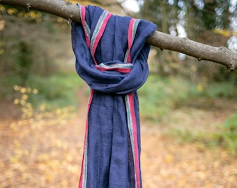 Dark Blue Linen Scarf For Men Women | Lightweight Scarf | Handwoven Scarf | Fair Trade Handmade Gifts | Long Scarf | Letterbox Gift