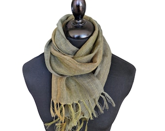 Striped Green Linen Scarf | Sustainable Gift | Handwoven Lightweight Unisex Scarf | Men's Accessory