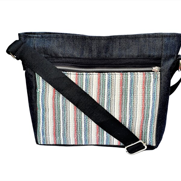 Crossbody Canvas Bag for Women | Multi Pocket Sling Bag | Denim Messenger Travel Bag | Fair Trade Handmade Gift For Her| Vegan Crossbody Bag