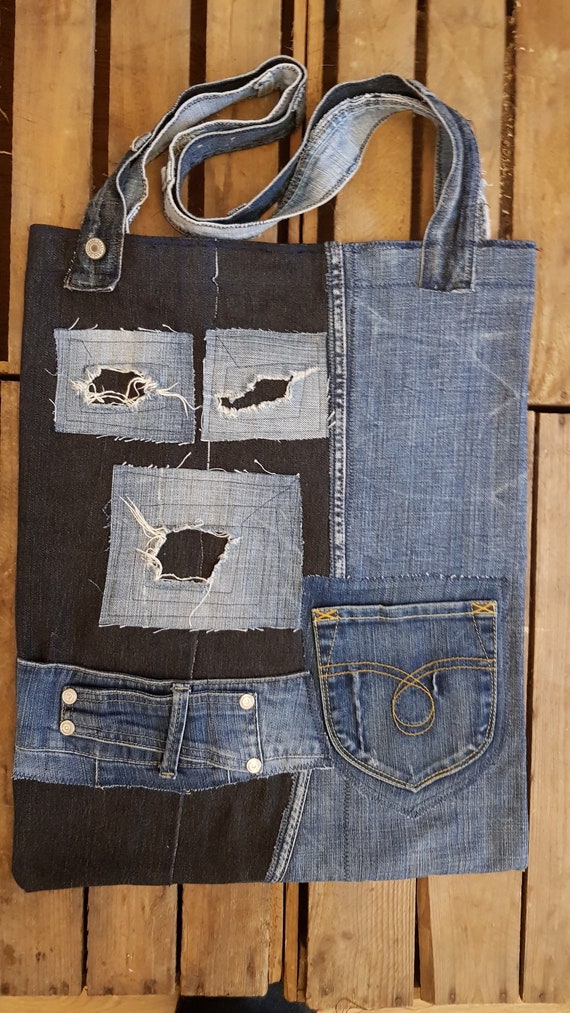 Handmade Boro patchwork denim tote bag of distressed jeans, Casual market  tote | eBay