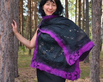 Violet black felted scarf nuno felted
