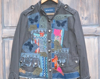 Steampunk inspired denim jacket, Denim reworked jacket,Upcycled jacket,, Wearable Art, Hand Embroidered, Art to wear, Upcycled Clothing