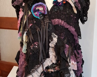 Ornate Shabby Rose Collage Art Boho Jacket, Romantic Victorian Floral Lace Dress, Colorful Bohemian Gypsy Clothes, Black, Fuchsia & Purple