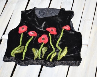 Schwarze Bluse mit Mohnblumen M L