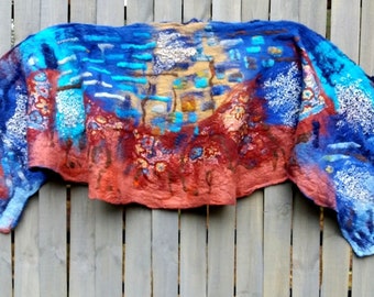 Nuno Felted scarf brown blue handmade felted shawl