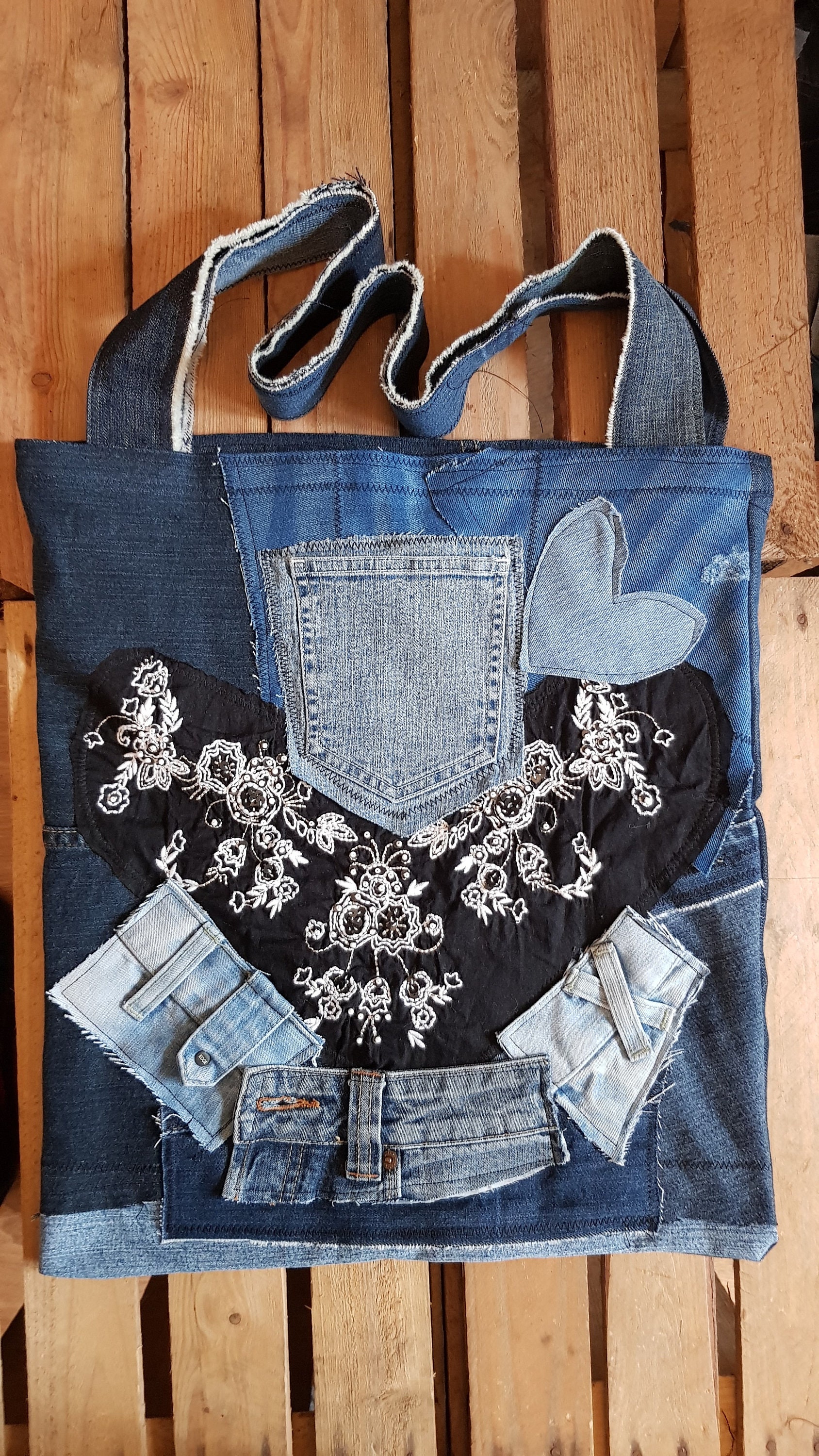 Bolso de mezclilla hecho a mano de jeans reciclados, azul, denim, reciclado,  -  México