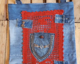 Handgemachte Denim-Tasche aus recycelten Jeans, blau, Denim, Recycling,