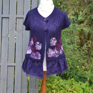 Artistic womens vest / Purple jacket with boho flowers Wearable Fiber Art Clothing. Upcycled Art Clouting image 3