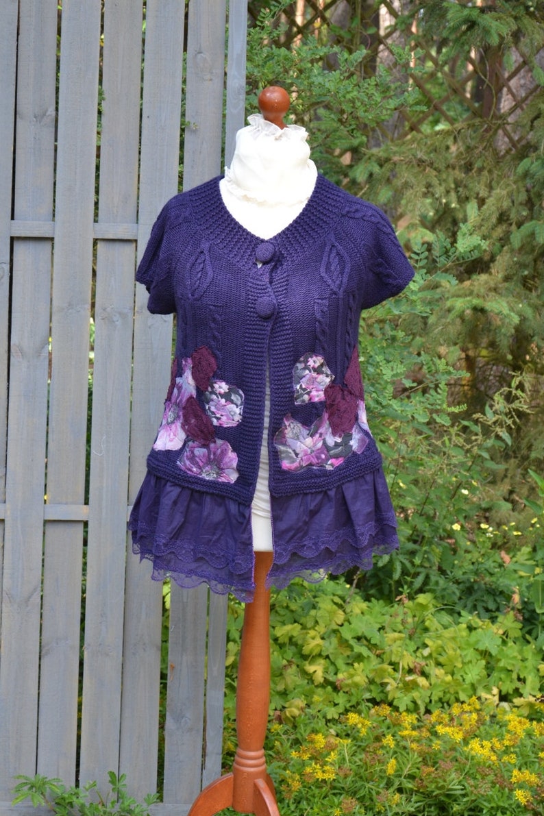 Artistic womens vest / Purple jacket with boho flowers Wearable Fiber Art Clothing. Upcycled Art Clouting image 3