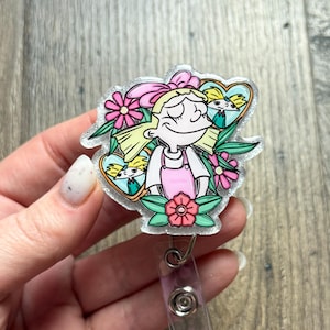 Football Head Loving Blonde Girl 90’s Cartoon Millenial Glitter Acrylic Badge Reel