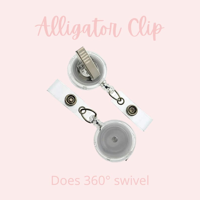 May include: Two clear retractable badge holders with alligator clips. The holders have a silver chain and a clear plastic swivel that rotates 360 degrees. The text "Does 360&deg; swivel" is printed below the holders.