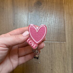 Pink Love Heart Badge Reel | Nurse Badge Reel | Glitter Badge Reel | Holiday Badge Reel | Acrylic Badge Reel | Valentine’s Day Badge Reel