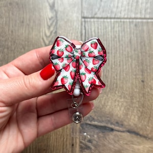 Strawberry Coquette Bow Badge Reel | Gifts For Nurses | Glitter Badge Reel | Girly Badge Reel | Acrylic Badge Reel | Coquette Badge Reel
