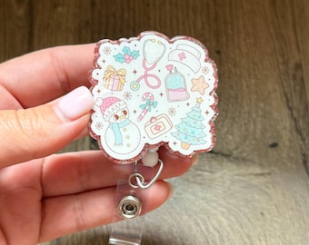 Cute Retro Pastel Christmas Badge Reel | Gifts For Nurses | Glitter Badge Reel | Nursing Badge Reel | Acrylic Badge Reel | Retractable Badge